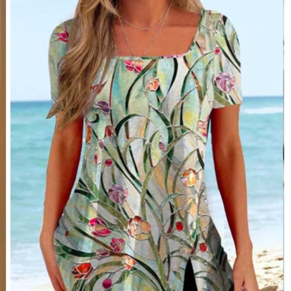 🦋 ZOLUCKY Casual Square Neck Floral T-Shirt, size XL